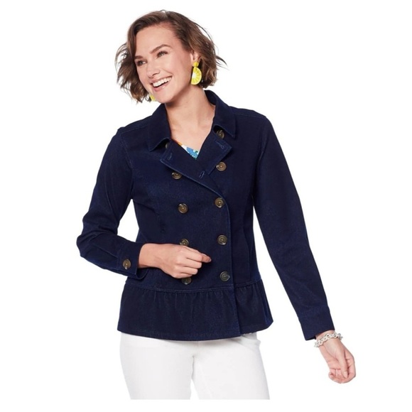 Lemon Way Wonder Stretch Knit Denim Peplum Jacket size L - Picture 1 of 13